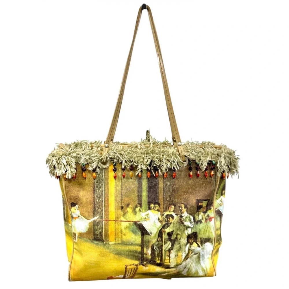 Impressionist Ballet Dancers Art Tote Bag Fringe Beaded Trim Yellow Tan Boho Y2k